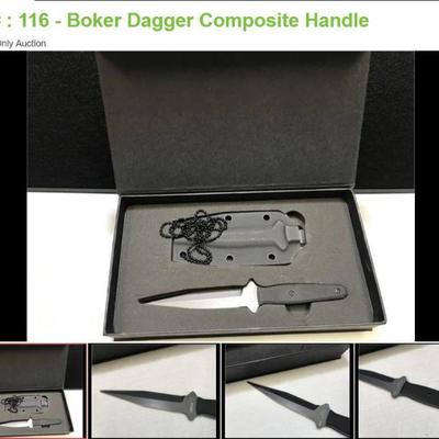 Lot # : 116 - Boker Dagger Composite Handle
Boker plus 6079 Measures: 7 1/2" overall Blades: single 440 C steel Badge: none Box:...