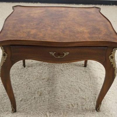 1142	KARGES ONE DRAWER LAMP TABLE W/BURLED WALNUT TOP & METAL MOUNTS, APPROXIMATELY 28 IN SQUARE X 22 IN HIGH
