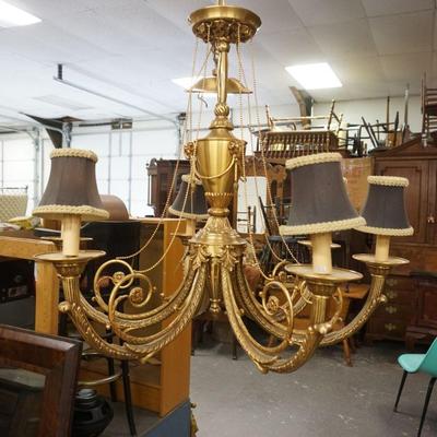 1183	LARGE GILT METAL CHANDELIER W/SCROLLED ARMS & RAMS HEADS, APPROXIMATELY 32 IN HIGH
