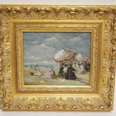 1221	CONTEMPORARY PAINTING ON BOARD OF VICTORIAN SHORE SCENE IN ORNATE GILT FRAME, ARTIST SIGNED, APPROXIMATELY 14 IN X 16 IN OVERALL
