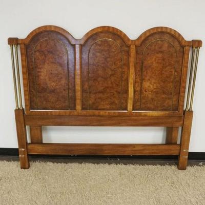 1154	HENREDON TRIPLE ARCHED HEADBOARD, BURL INSET PANELED W/BRASS COLUMNS & TRIM, QUEEN SIZE, APPROXIMATELY 51 IN HIGH
