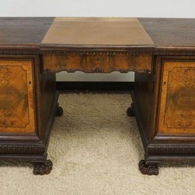 1102	ANTIQUE OAK DESK W/2 INLAID BURL WOOD DOORS & CENTER DRAWER, CARVED ACANTHUS HALF COLUMNS ON PAW FEET, INSET LEATHER CENTER,...