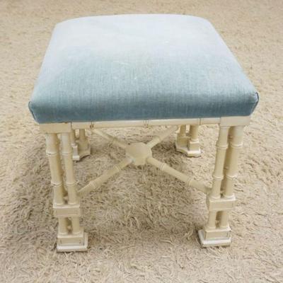 1124	FAUX BAMBOO UPHOLSTERED STOOL, SOME DISCOLORATION ON UPHOLSTERY, APPROXIMATELY 18 IN SQUARE X 21 IN HIGH

