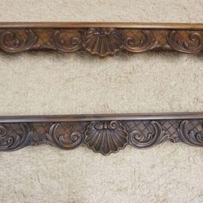 1164	2 FRUITWOOD SHELL CARVED HANGING WALL SHELVES W/PLATE GROOVE, EACH APPROXIMATELY 59 IN X 9 IN X 10 IN HIGH
