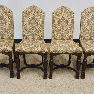 1104	SET OF 4 UPHOLSTERED SIDE CHAIRS, CARVED OAK STRETCHER BASE
