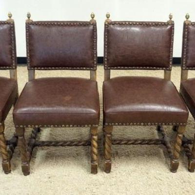 1149	SET OF 4 ENGLISH OAK CHAIRS W/BROWN LEATHER SEATS & BACKS, METAL TACK ACCENTS & BRASS ACORN FINIALS
