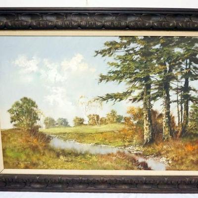 1203	OIL PAINTING ON CANVAS, LANDSCAPE STREAM IN WOODED PASTURE, ARTIST SIGNED APPROXIMATELY 32 IN X 45 IN OVERALL
