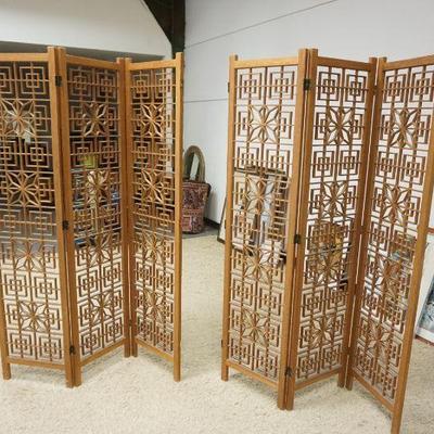 1180	2 OPEN FRETWORK 3 PART FOLDING SCREEN ROOM DIVIDERS, CAN BE REATTACHED, EACH APPROXIMATELY 51 IN X 72 IN
