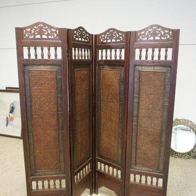 1179	4 PART FOLDING SCREEN W/CARVED FRETWORK CREST OVER TURNED SPINDLES & INSET CANE PARTS, APPROXIMATELY 64 IN X 70 IN HIGH
