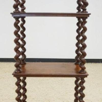 1145	ANTIQUE MAHOGANY BARLEY TWIST NARROW SHELF W/HAND DOVETAILED DRAWER AT BASE, APPROXIMATELY 21 IN X 12 IN X 65 IN HIGH
