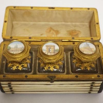 1025	PERFUME CARVED BOX W/3 BOTTLES HAVING GILT METAL HINGED LIDS & HAND PAINTED POCELAIN INSET TOPS, SOME LOSS TO BOX & ONE...