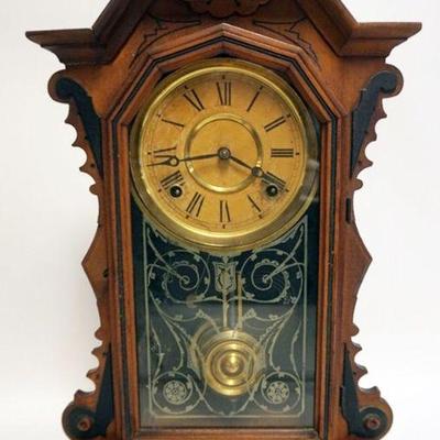 1092	ANTIQUE SHELF CLOCK INGRAHAM & CO W/REVERSE STENCILED DRAWER, APPLIED STAR MISSING AT CREST, APPROXIMATELY 5 IN X 13 IN X 20 IN
