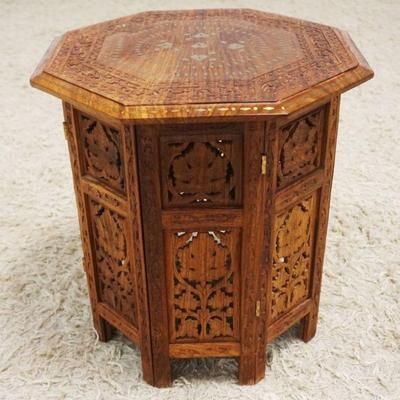 1109	BRASS INLAID & PIERCED CARVED MOROCCAN OTAGON TABLE, APPROXIMATELY 18 IN X 19 IN HIGH
