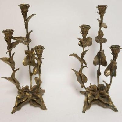 1097	PAIR OF ORNATE FLORAL BRASS CANDELABRA, ARTIST SIGNED ON BASE, APPROXIMATELY 15 IN HIGH
