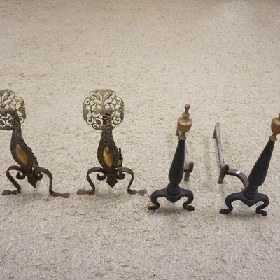 1100	2 PAIR ANDIRONS, ONE W/FRETWORK BRASS URN & FLOWERS AT TOP, TALLEST APPROXIMATELY 21 IN HIGH

