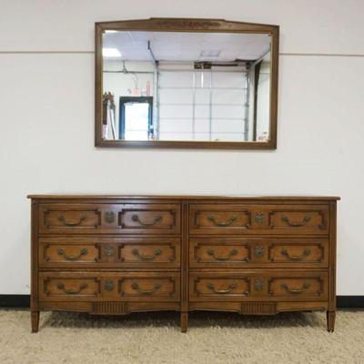 1151	HENREDON CHERRY 6 DRAWER LOW CHEST W/HANGING MIRROR, CHEST APPROXIMATELY 72 IN X 19 IN X 32 IN HIGH, MIRROR APPROXIMATELY 50 IN X 35...