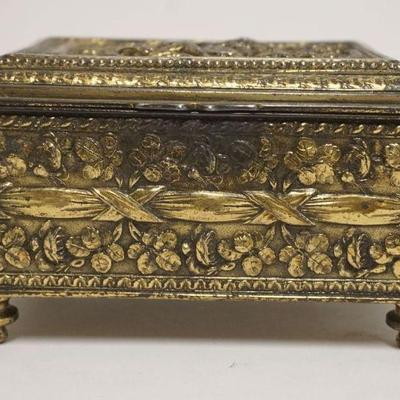 1076	METAL JEWELRY CASKET BOX W/EMBOSSED IMAGES OF MAN COURTING A WOMAN, SOME WEAR TO FINISH, MARKED JB ON BASE, APPROXIMATELY 5 1/2 IN X...