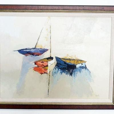 1207	OIL PAINTING ON CANVAS *BOATS AT DAWN* ARTIST CAROL HANSON WYCOFF NJ, APPROXIMATELY 30 IN X 38 IN OVERALL

