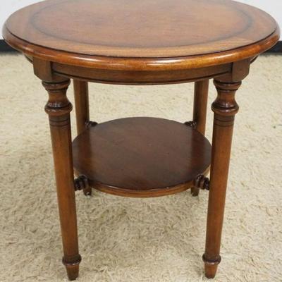 1107	SOUTH CONE FURNITURE MAHOGANY ROUND LAMP/OCCASSIONALTABLE W/LEATHER INSET CENTER, APPROXIMATELY 28 IN X 28 IN HIGH
