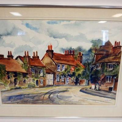 1213	FRAMED & MATTED WATERCOLOR, VILLAGE SCENE, ARTIST SIGNED & DATED 1960, APPROXIMATELY 31 IN X 24 IN OVERALL
