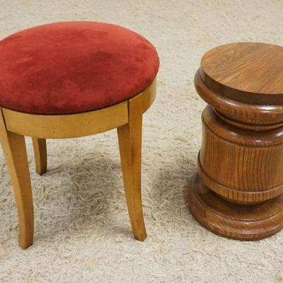 1161	VELOUR UPHOLSTERED STOOL & OAK PEDESTAL, STOOL APPROXIMATELY 16 IN X 20 IN HIGH
