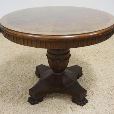 1103	CARVED OAK PEDESTAL TABLE W/BURLED & BANDED TOP, PAW FEET BASE, APPROXIMATELY 39 IN X 31 1/2 IN HIGH
