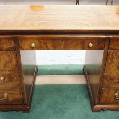 Sale Photo Thumbnail #137: 1137	LANE BURLED WOOD 9 DRAWER DESK, APPROXIMATELY 54 IN X 26 IN X 30 IN HIGH
