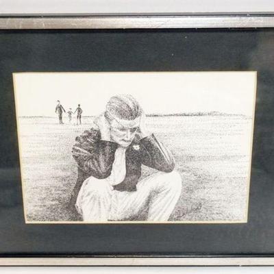 1231	FRAMED AND MATTED ARTWORK, IMAGE OF MAN SITTING WEARING AN EYE PATCH WITH BOTH HANDS CLASPED OVER HIS EARS WITH A COUPLE AND CHILD...