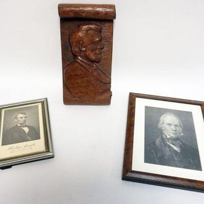 1195	GROUP OF FRAMED ABRAHAM LINCOLN & HENRY CLAY PRINTS & CARVED WOOD BUST ON SCROLL OF ABRAHAM LINCOLN
