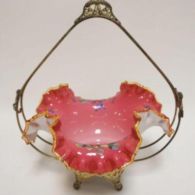 1016	VICTORIAN PINK CASED GLASS HAND PAINTED BRIDES BASKET W/AMBER GLASS EDGE, APPROXIMATELY 11 IN X 14 IN
