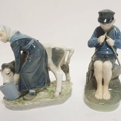 1040	ROYAL COPENHAGEN FIGURES, WOMAN FEEDING COW & YOUNG BOY CARVING FISHING ROD, TALLEST APROXIMATELY 7 1/2 IN HIGH
