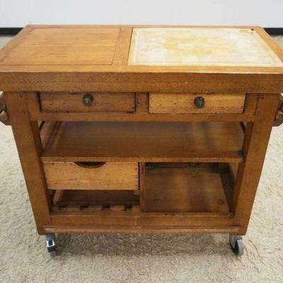 1163	HARDWOOD KITCHEN ROLLING CART W/3 DRAWERS & INSET DOUBLE SIDED CUTTING BOARD, DRAWERS ACCESSIBLE FROM BOTH SIDES, APPROXIMATELY...