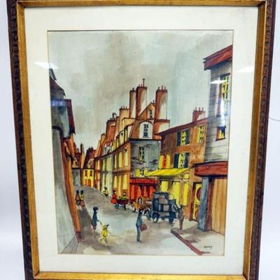 1225	FRENCH FRAMED AND MATTED WATERCOLOR, SIGNED QUERCY, STREET SCENE, APPROXIMATELY 27 IN X 33 IN OVERALL
