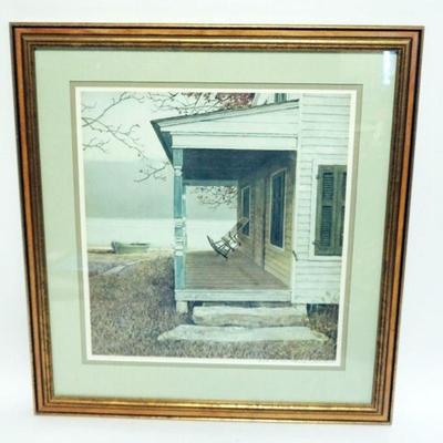 1218	ERIC SLOAN FRAMED AND MATTED PRINT OF A LAKE SHORE HOUSE, ARTIST SIGNED AND NUMBERED 24/500, APPROXIMATELY 23  IN X 25 IN OVERALL
