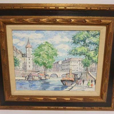 Sale Photo Thumbnail #205: 1205	OIL PAINTING ON CANVAS CONTINENTAL WATER WAY SCENE ARTIST SIGNED, APPROXIMATELY 21 IN X 25 IN OVERALL
