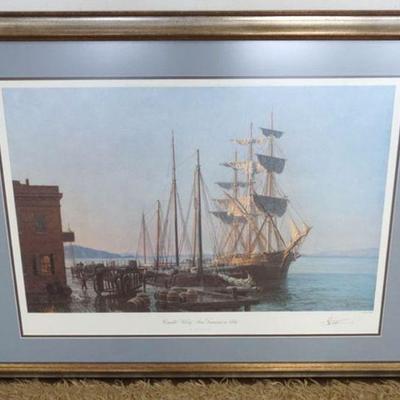 1208	FRAMED PRINT SHIPS AT HARBOR *COWELL'S WHARF SAN FRANCISCO IN 1866* BY JOHN STOBART, ARTIST SIGNED & NUMBERED 464/750,...