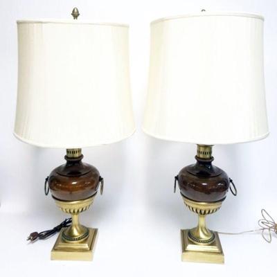 1185	PAIR OF FREDRICK COOPER TABLE LAMPS, WOOD & BRASS DOUBLE HANDLE URNS, EACH APPROXIMATELY 34 IN HIGH
