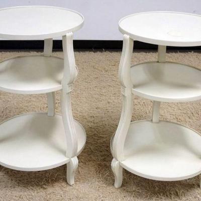 1133	HICKORY CHAIR PAIR OF 3 TIER ACCESSORY TABLES, THE *FRENCH COLLECTION* ONE W/STAIN ON TOP, APPROXIMATELY 19 1/2 IN X 30 IN HIGH

