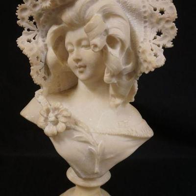 Sale Photo Thumbnail #27: 1027	CARVED MARBLE BUST OF WOMAN WEARING LACE HAT, SOME LOSS TO LACE, APPROXIMATELY 16 IN X 10 IN
