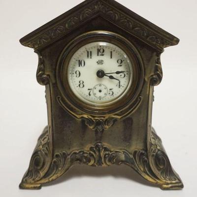 1026	JENNINGS BROS ANTIQUE CAST METAL DRESSER CLOCK, MISSING SECOND HAND, APPROXIMATELY 3 IN X 5 1/2 IN X 6 IN HIGH
