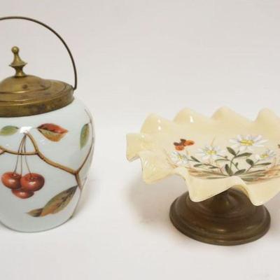 1017	ANTIQUE MILK GLASS BISCUIT JAR & HAND PAINTED COMPOTE, COMPOTE APPROXIMATELY 8 IN X 4 IN HIGH

