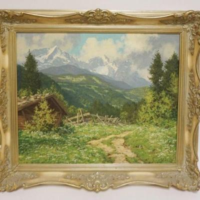 1216	OIL PAINTING ON CANVAS, LANDSCAPE VIEW OF PATH ALONG MOUNTAIN SIDE, ARTIST SIGNED, APPROXIMATELY 26 IN X 30 ON OVERALL, SOME LOSS TO...