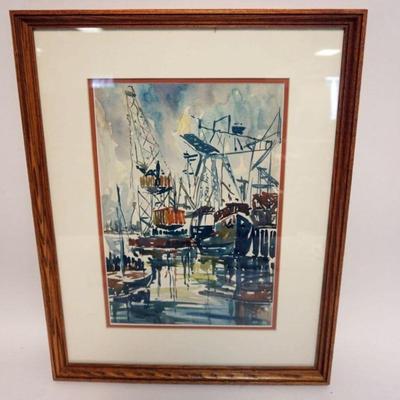 1214	FRAMED & MATTED WATERCOLOR, ABSTRACT HARBOR SCENE, APPROXIMATELY 17 IN X 22 IN OVERALL
