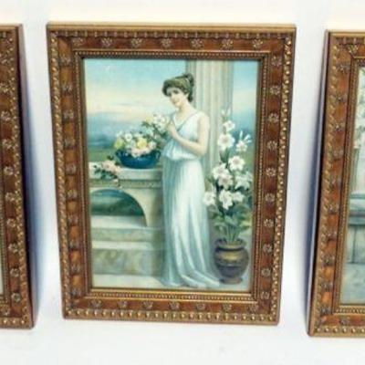 1220	SET OF 3 GILT FRAMED PRINTS WITH IMAGES OF A YOUNG WOMAN, CHILDREN & FLOWERS, EACH APPROXIMATELY 8 IN X 11 IN OVERAL
