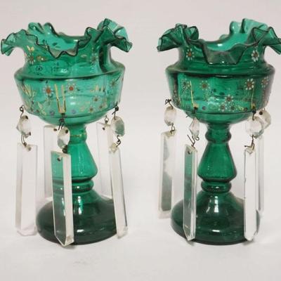 Sale Photo Thumbnail #15: 1015	PAIR OF VICTORIAN MINIATURE EMERALD GREEN GLASS HAND PAINTED LUSTRES W/PRISIMS, EACH APPROXIMATELY 7 IN
