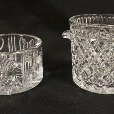 1053	2 WATERFORD CRYSTAL, ICE BUCKET & WINE BOTTLE COASTER, TALLEST APPROXIMATELY 7 IN X 5 IN

