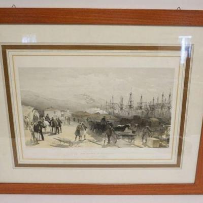 1215	FRAMED & MATTED ENGRAVING *THE RAILWAY AT BALAKLAVA* LOOKING SOUTH, DAY & SON LITHO, APPROXIMATELY 31 IN X 25 IN OVERALL
