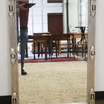 1111	BEVEL EDGE HANGING MIRROR W/REEDED & CARVED FRAME IN A SILVER LUSTRE FINISH W/EBONY ACCENTS, APPROXIMATELY 41 IN X 29 IN
