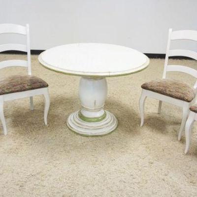 Sale Photo Thumbnail #125: 1125	COUNTRY STYLE DISTRESSED PAINT DECORATED NICHOLS & STONE 42 IN ROUND WOODLAND FURNITURE PEDESTAL TABLE W/4 CHAIRS, 3 SIDE & ONE ARM
