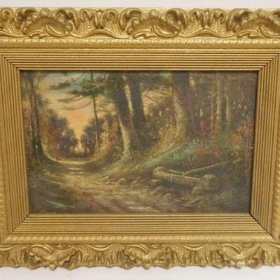 1219	OIL PAINTING ON BOARD, IMAGE OF PATH THROUGH FOREST, ARTIST SIGNED LOWER LEFT, APPROXIMATELY 10 IN X 13 IN OVERALL

